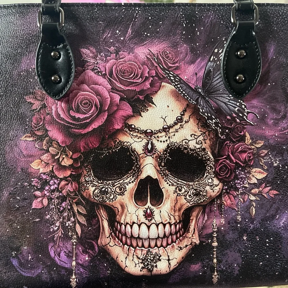 Floral Skull Tote Bag and Wallet combo. Black and Purple - Picture 3 of 10